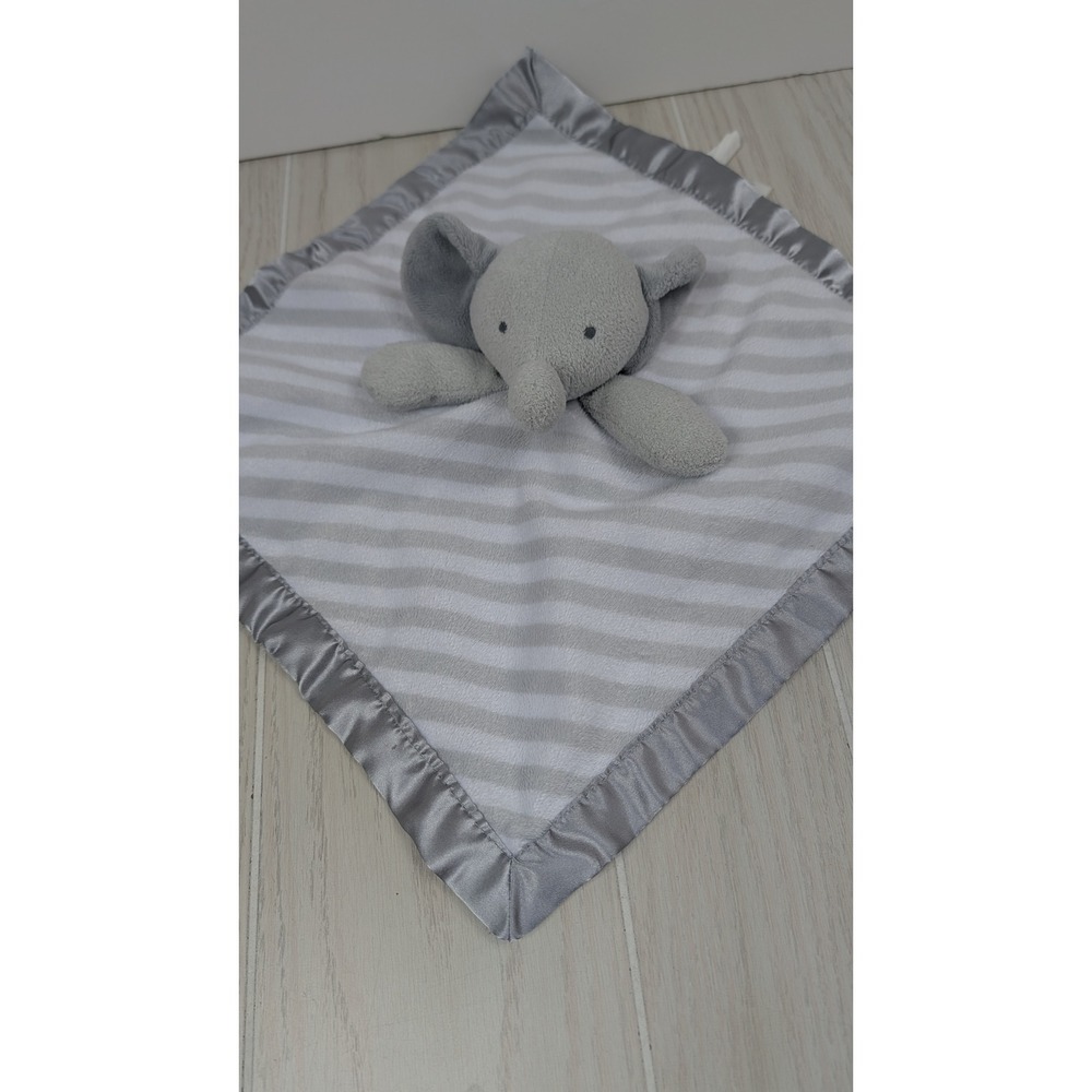 Cloud Island Elephant Security Blanket Lovey Gray White Striped Satin Trim Plush
